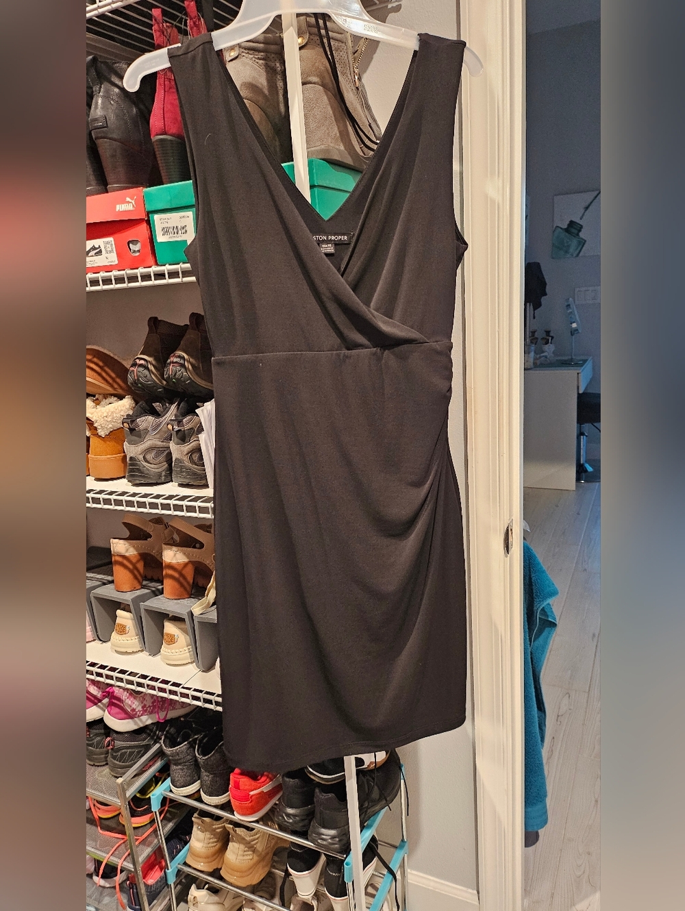 Boston Proper Black Sleeveless Faux-Wrap Mini Dress